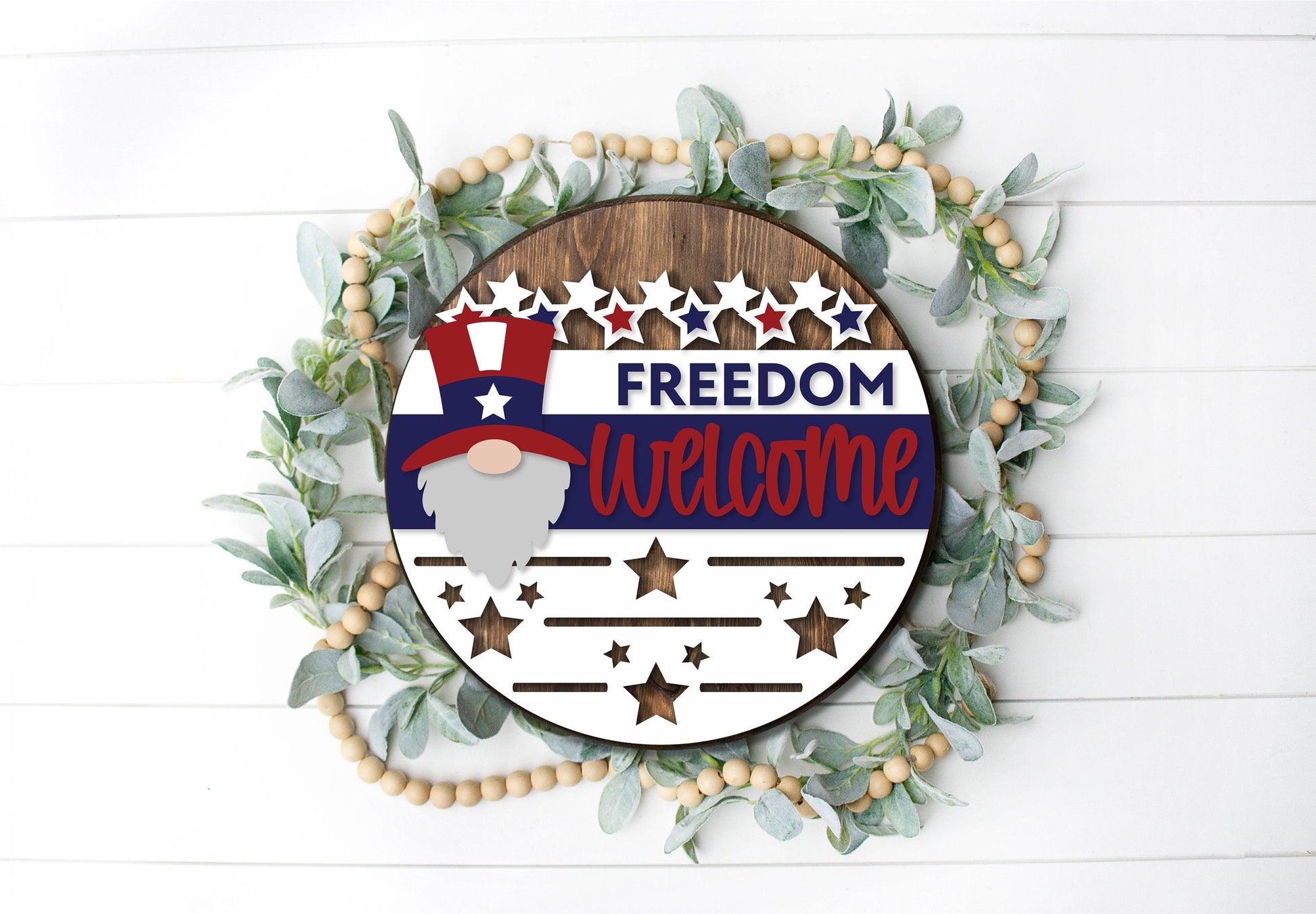 Patriotic Gnome Welcome sign, July 4th door hanger SVG, Uncle Sam Gnome SVG, Independence Day porch sign, Glowforge SVG file, laser cut file