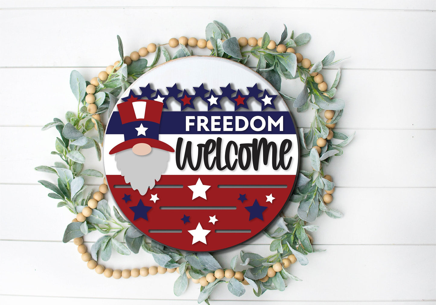 Patriotic Gnome Welcome sign, July 4th door hanger SVG, Uncle Sam Gnome SVG, Independence Day porch sign, Glowforge SVG file, laser cut file