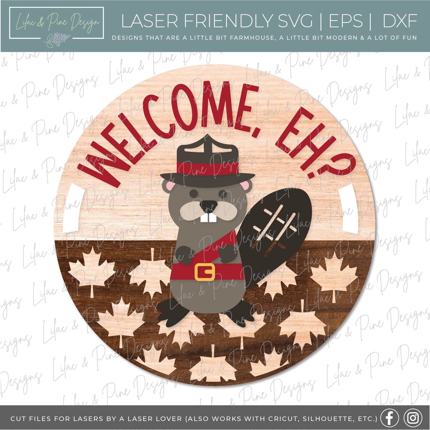 Canadian door hanger SVG, Canada Eh welcome sign, Canada decor, Beaver Mountie SVG, maple leaf pattern, Glowforge cut file, laser SVG file
