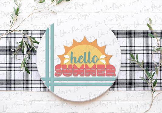 Hello Summer door hanger SVG, Sunshine welcome round sign, Summer sun SVG, Summer decor, stripe svg, Glowforge cut file, laser SVG file