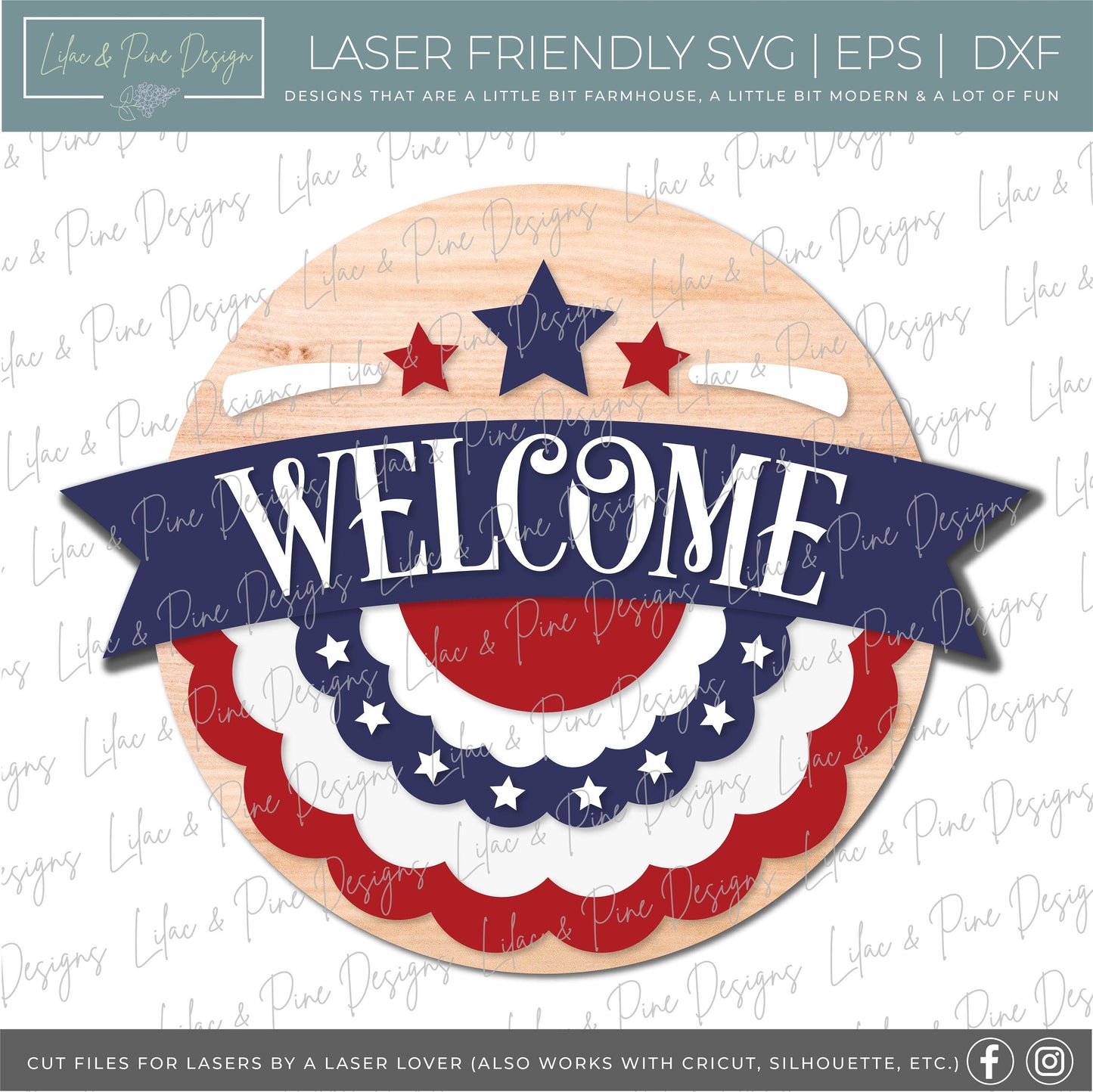 Patriotic Banner Welcome sign, July 4th door hanger SVG, Independence Day porch decor, Stars and Stripes, Glowforge SVG file, laser cut file