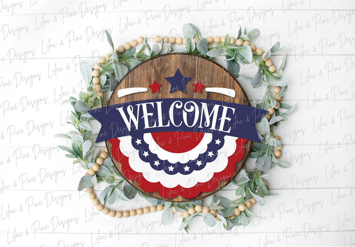 Patriotic Banner Welcome sign, July 4th door hanger SVG, Independence Day porch decor, Stars and Stripes, Glowforge SVG file, laser cut file