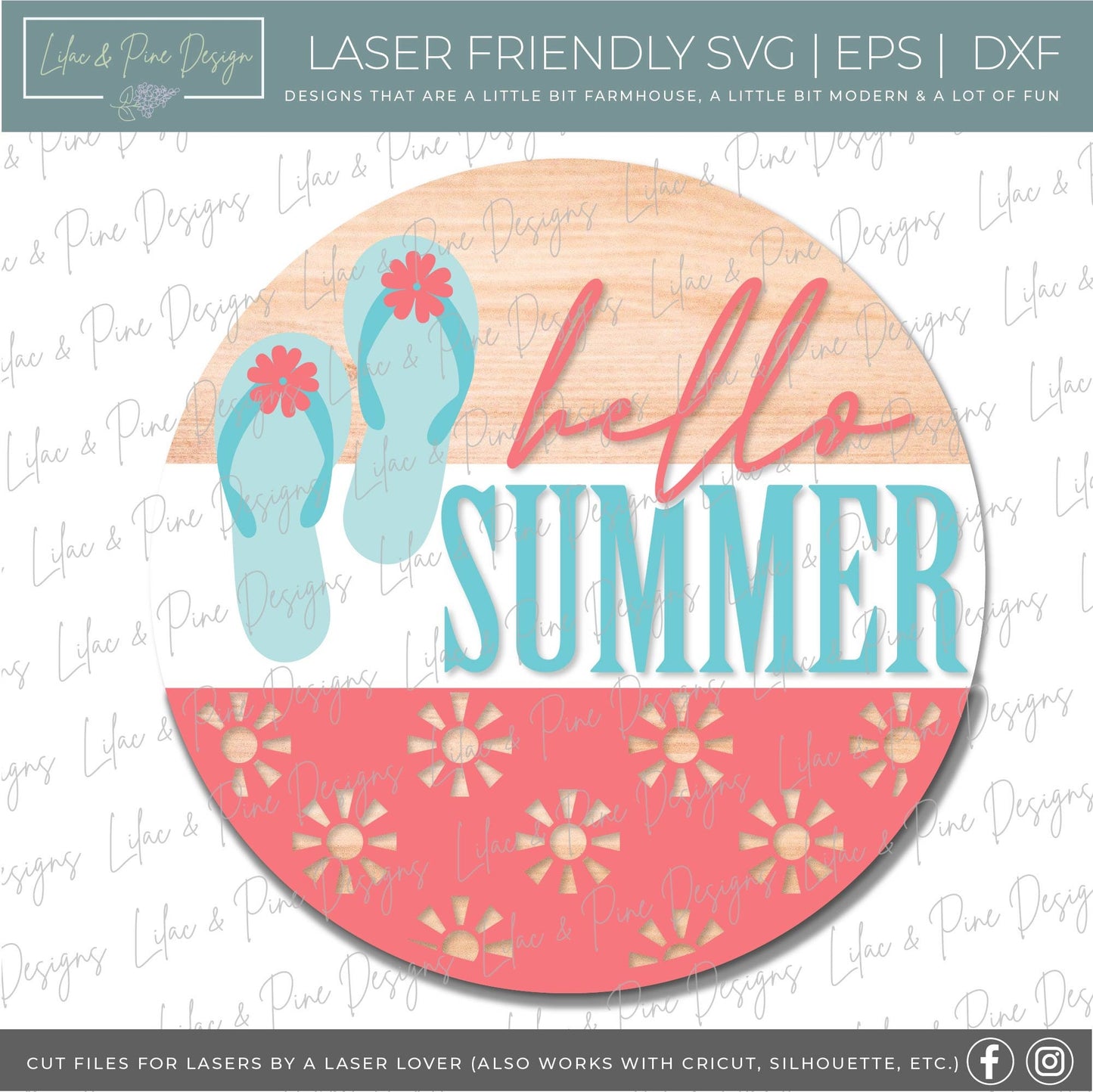 Hello Summer flip flop round sign, summer door decor SVG, sunshine SVG, summer porch decor svg, beach SVG, Glowforge Svg, laser cut file