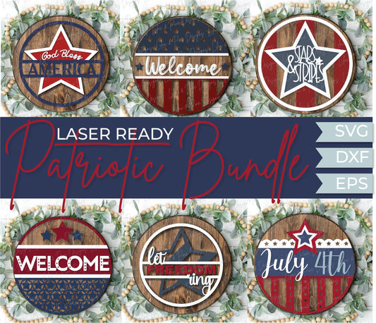 Patriotic Welcome door hanger bundle, 4th of July porch decor SVG, Independence Day sign bundle SVG, Glowforge files, laser cut file