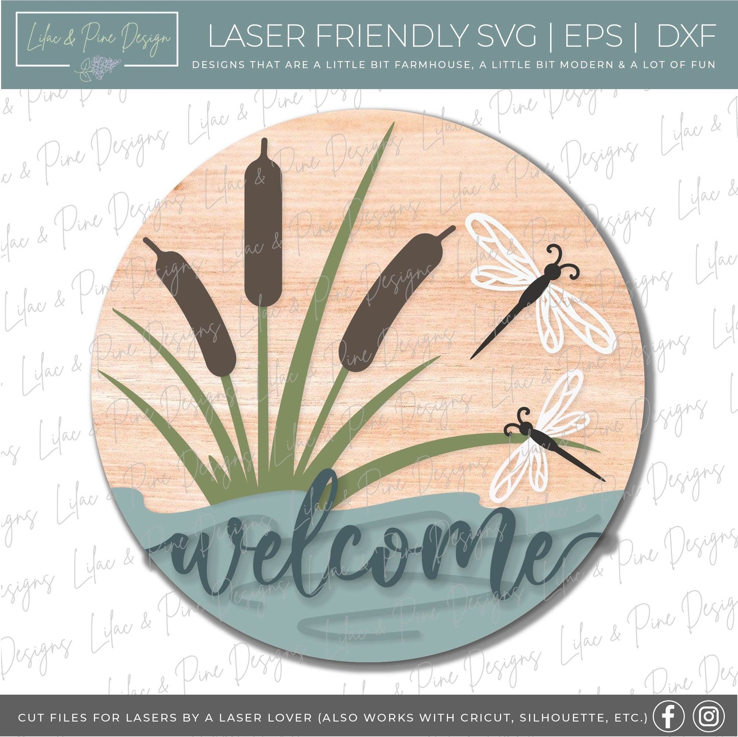 Dragonfly door hanger SVG, Dragonfly welcome round sign, Summer welcome SVG, Summer decor, Cattail svg, Glowforge cut file, laser SVG file