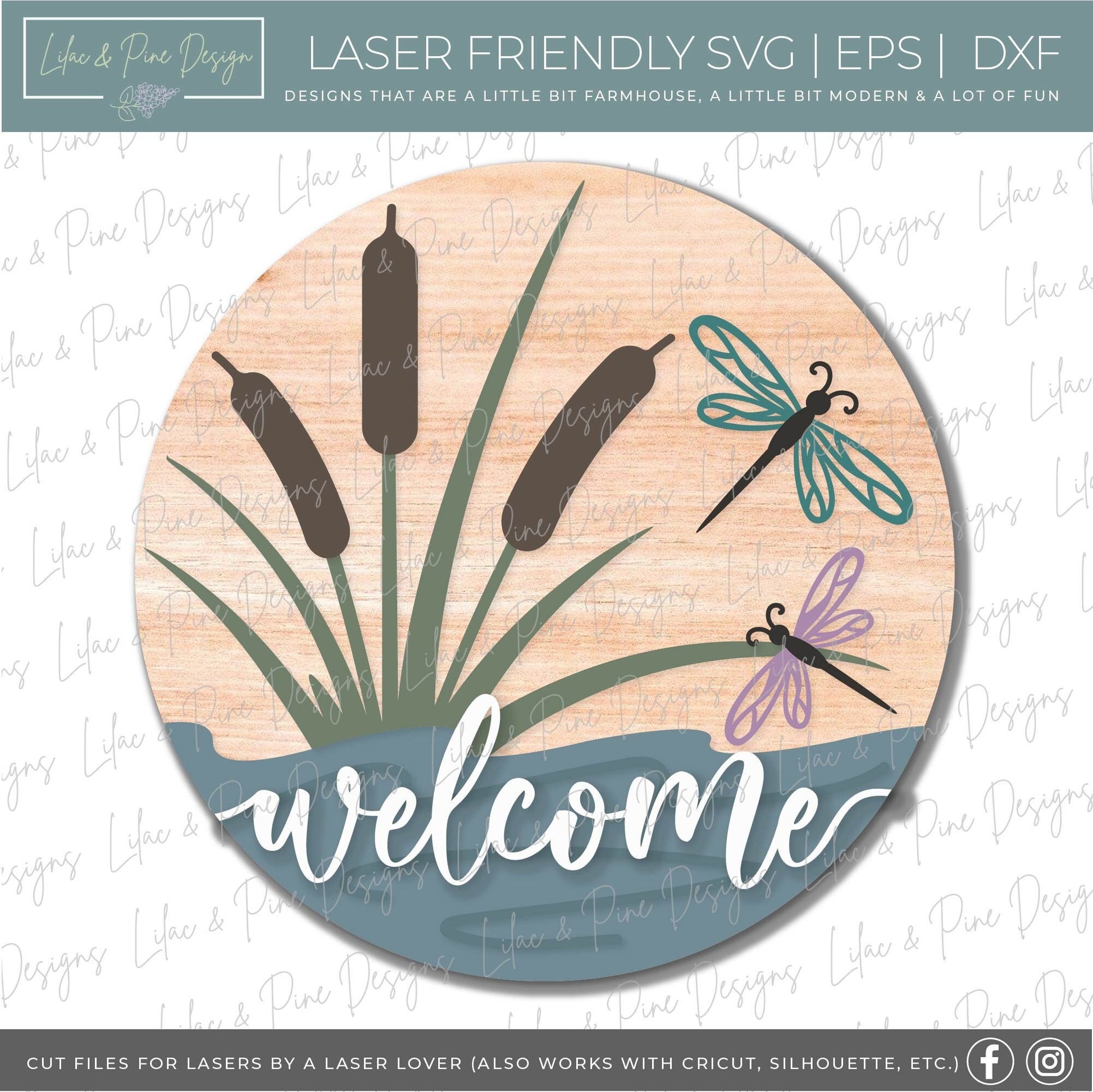 Dragonfly door hanger SVG, Dragonfly welcome round sign, Summer welcome SVG, Summer decor, Cattail svg, Glowforge cut file, laser SVG file