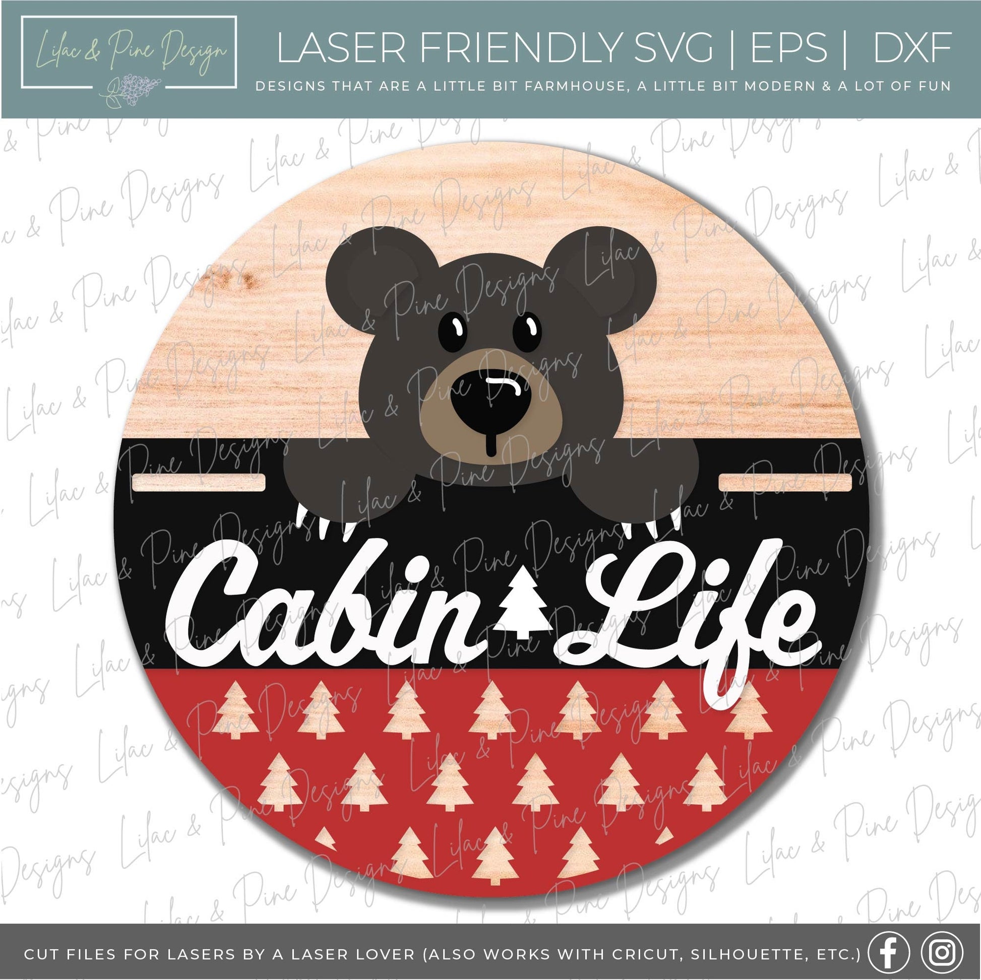 Bear door hanger SVG, Cabin welcome sign, Cabin life home decor, Summer cabin SVG, pine tree pattern, Glowforge cut file, laser SVG file