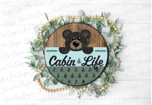 Bear door hanger SVG, Cabin welcome sign, Cabin life home decor, Summer cabin SVG, pine tree pattern, Glowforge cut file, laser SVG file