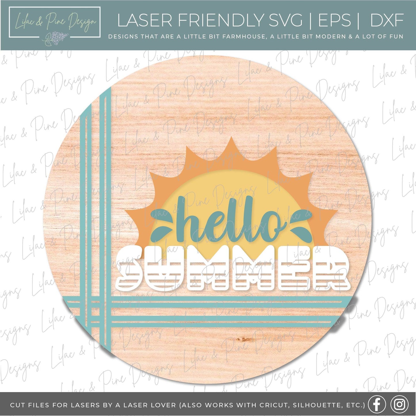 Hello Summer door hanger SVG, Sunshine welcome round sign, Summer sun SVG, Summer decor, stripe svg, Glowforge cut file, laser SVG file