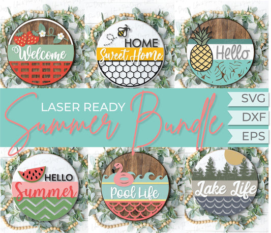 Summer Welcome door hanger bundle, Summer sign bundle, watermelon svg, bee svg, strawberry svg, flamingo svg, Glowforge SVG, laser cut file
