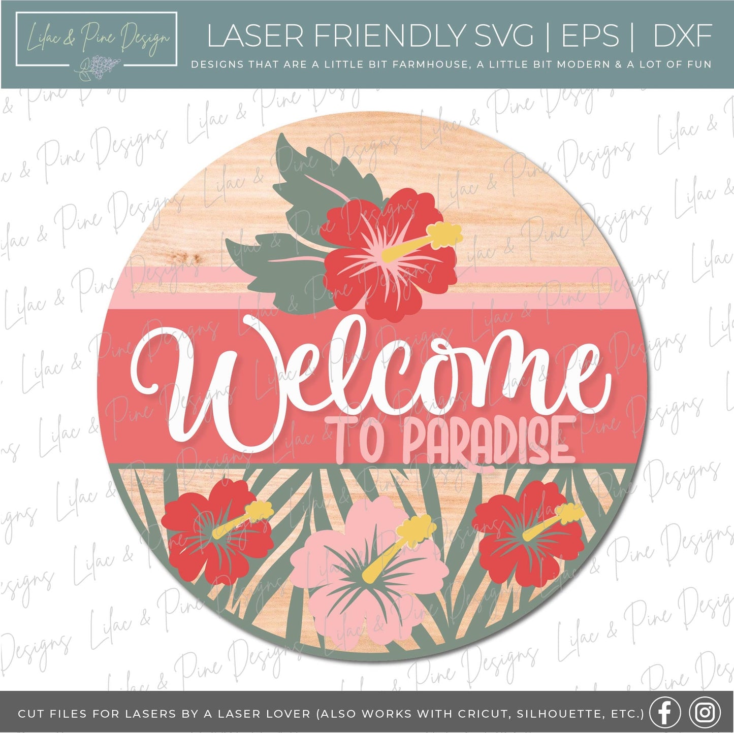 Welcome to Paradise door hanger SVG, Summer welcome sign SVG, tropical flower svg, Summer decor, Hibiscus svg, Glowforge Svg, laser cut file