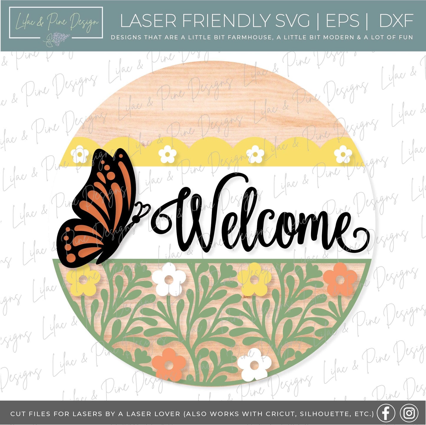 Butterfly Welcome sign svg, Floral door hanger SVG, monarch porch sign SVG, summer decor, round wood sign, Glowforge SVG, laser cut file