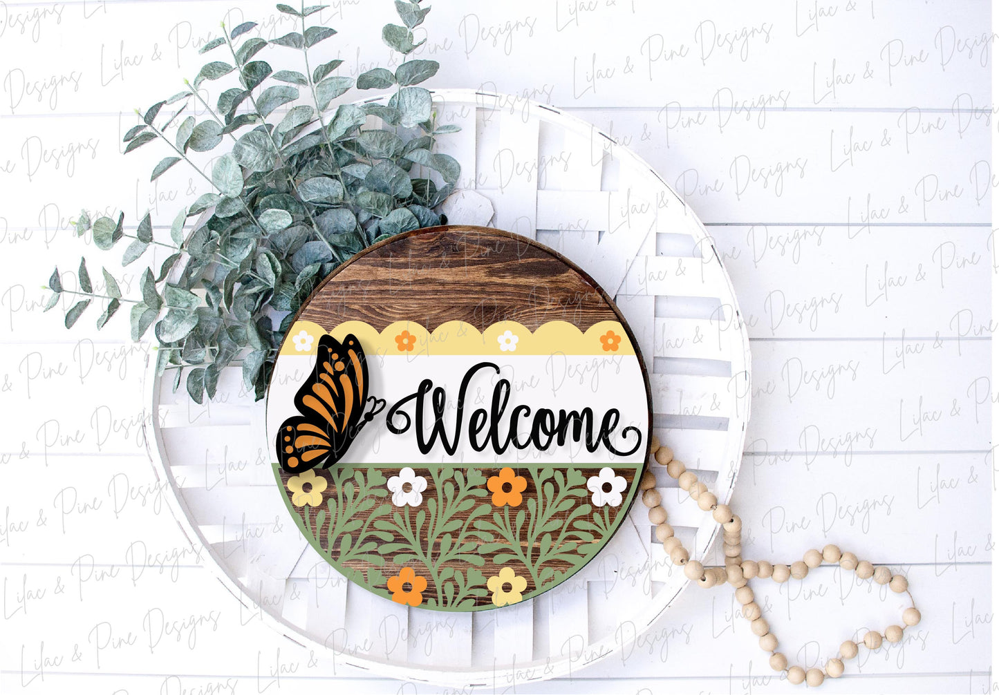 Butterfly Welcome sign svg, Floral door hanger SVG, monarch porch sign SVG, summer decor, round wood sign, Glowforge SVG, laser cut file