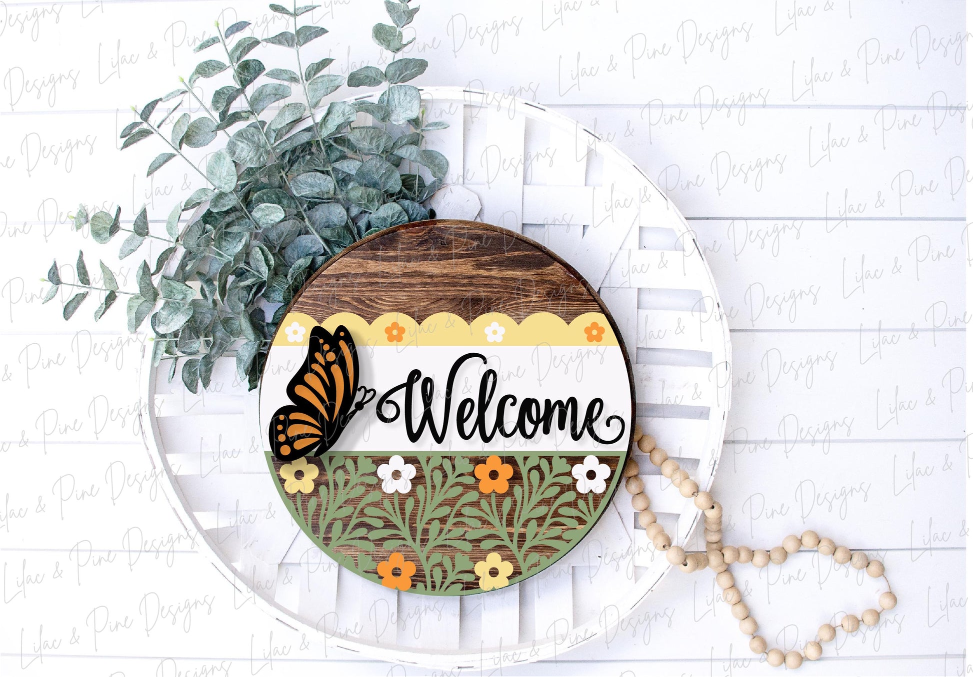 Butterfly Welcome sign svg, Floral door hanger SVG, monarch porch sign SVG, summer decor, round wood sign, Glowforge SVG, laser cut file