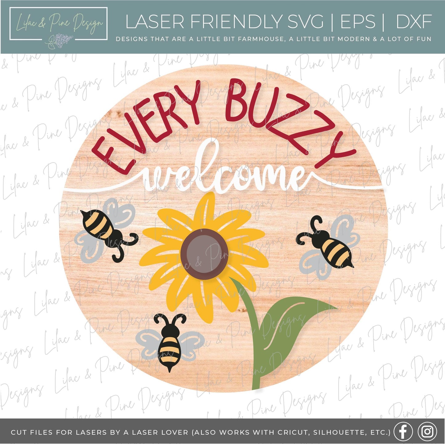 Bee Welcome sign svg, Sunflower door hanger SVG, bee porch sign SVG, summer decor, sunflower round wood sign, Glowforge SVG, laser cut file