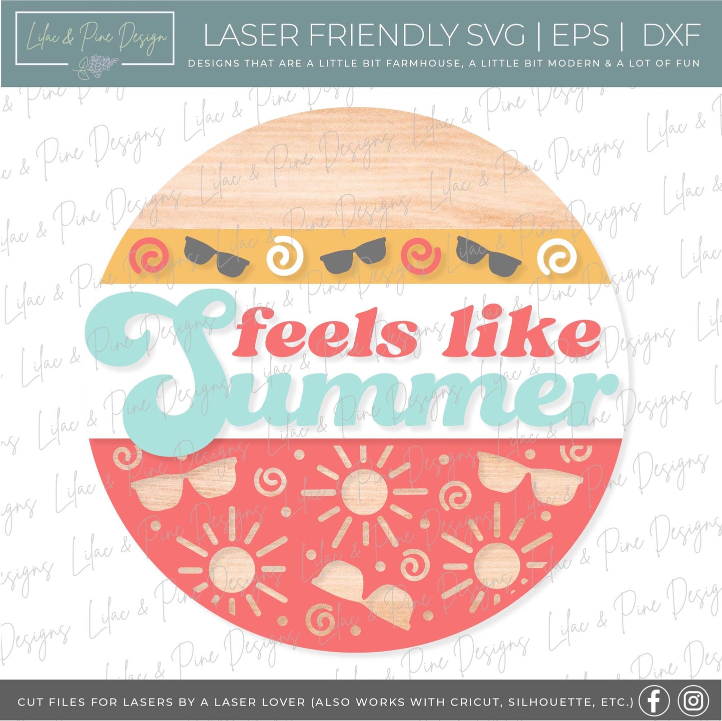 Feels Like Summer SVG, Summer Welcome sign svg, Summer door hanger, Summer porch sign SVG, round wood sign, Glowforge SVG, laser cut file