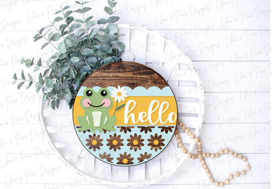 Frog Hello sign SVG, Summer Welcome sign svg, Daisy door hanger svg, Summer porch sign SVG, round wood sign, Glowforge SVG, laser cut file