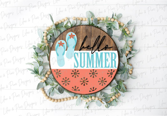 Hello Summer flip flop round sign, summer door decor SVG, sunshine SVG, summer porch decor svg, beach SVG, Glowforge Svg, laser cut file