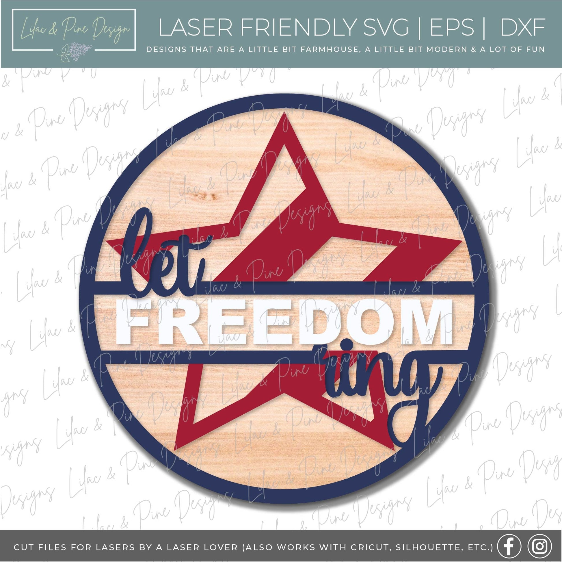 Let Freedom Ring round sign, July 4th door decor, Stars SVG, Independence Day porch sign, Stars and Stripes, Glowforge Svg, laser cut file