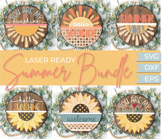 Summer welcome sign bundle, door hanger SVG bundle, sunshine SVG, boho svg, sunflower svg, summer svg, Glowforge files, laser cut file