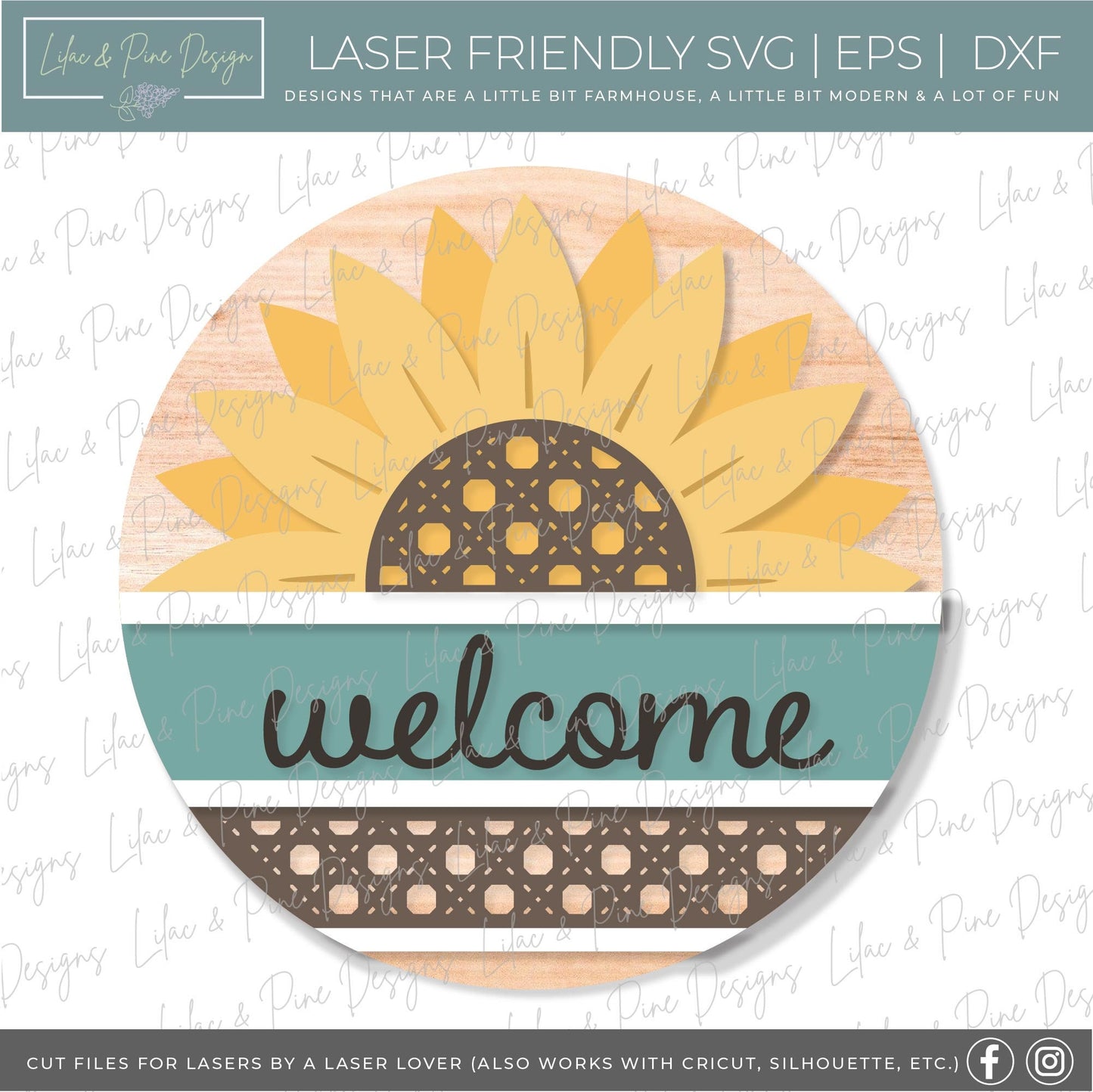Sunflower door hanger SVG, Sunflower welcome sign SVG, Rattan door hanger, Summer decor, Fall decor, round wood sign, Glowforge laser SVG