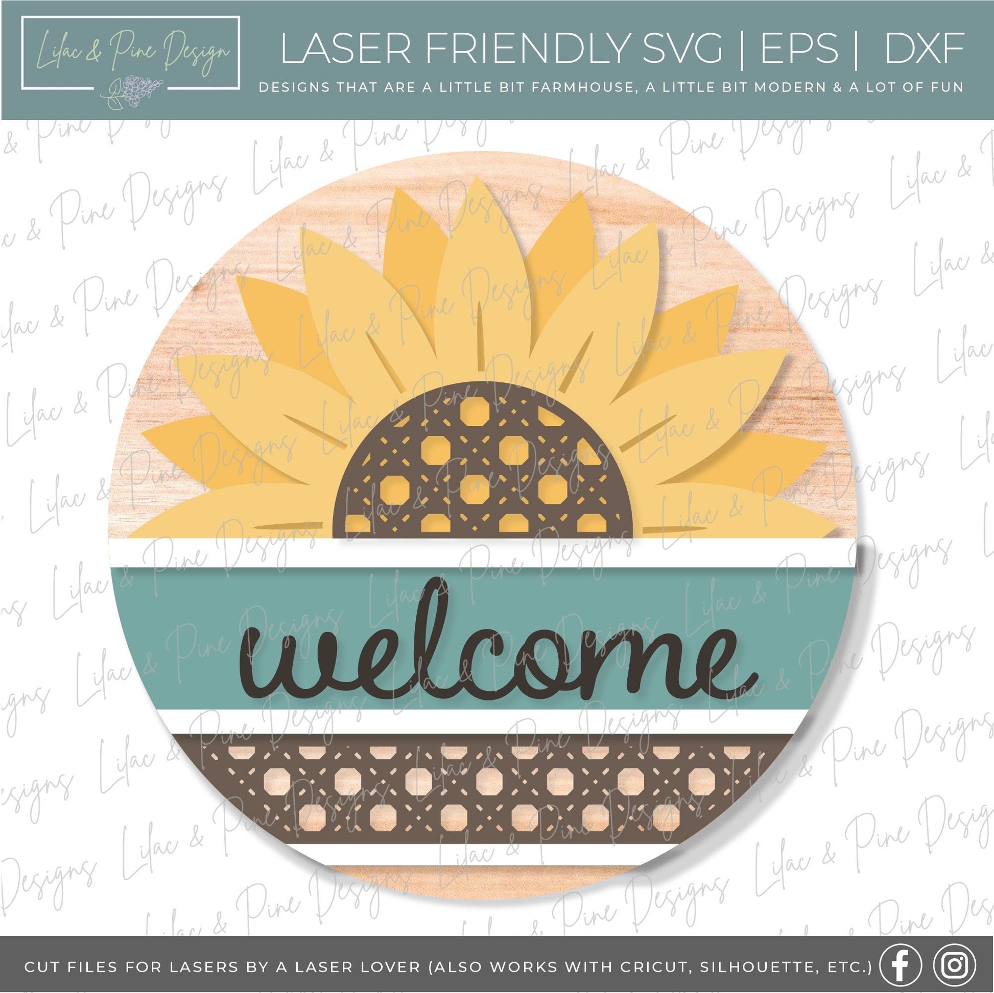 Sunflower door hanger SVG, Sunflower welcome sign SVG, Rattan door hanger, Summer decor, Fall decor, round wood sign, Glowforge laser SVG