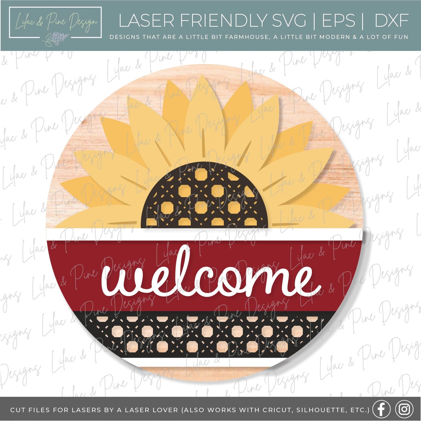 Sunflower door hanger SVG, Sunflower welcome sign SVG, Rattan door hanger, Summer decor, Fall decor, round wood sign, Glowforge laser SVG