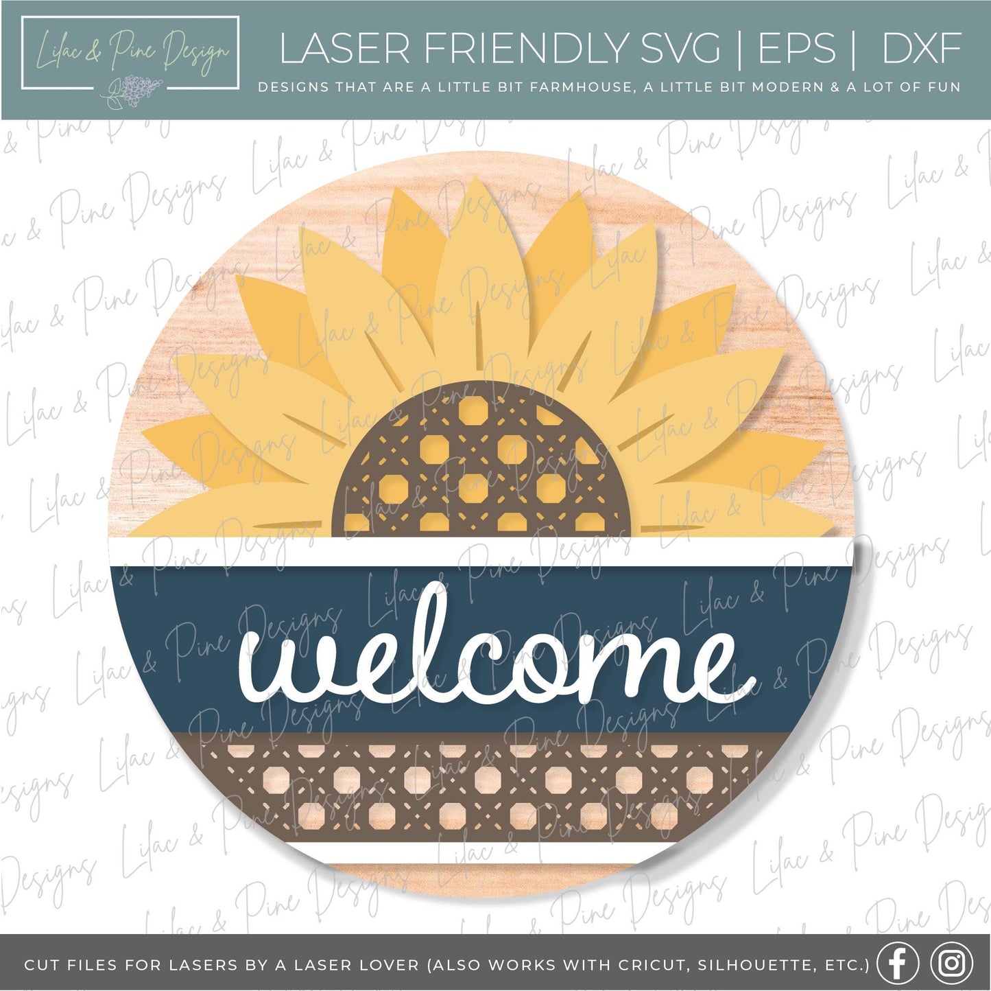 Sunflower door hanger SVG, Sunflower welcome sign SVG, Rattan door hanger, Summer decor, Fall decor, round wood sign, Glowforge laser SVG