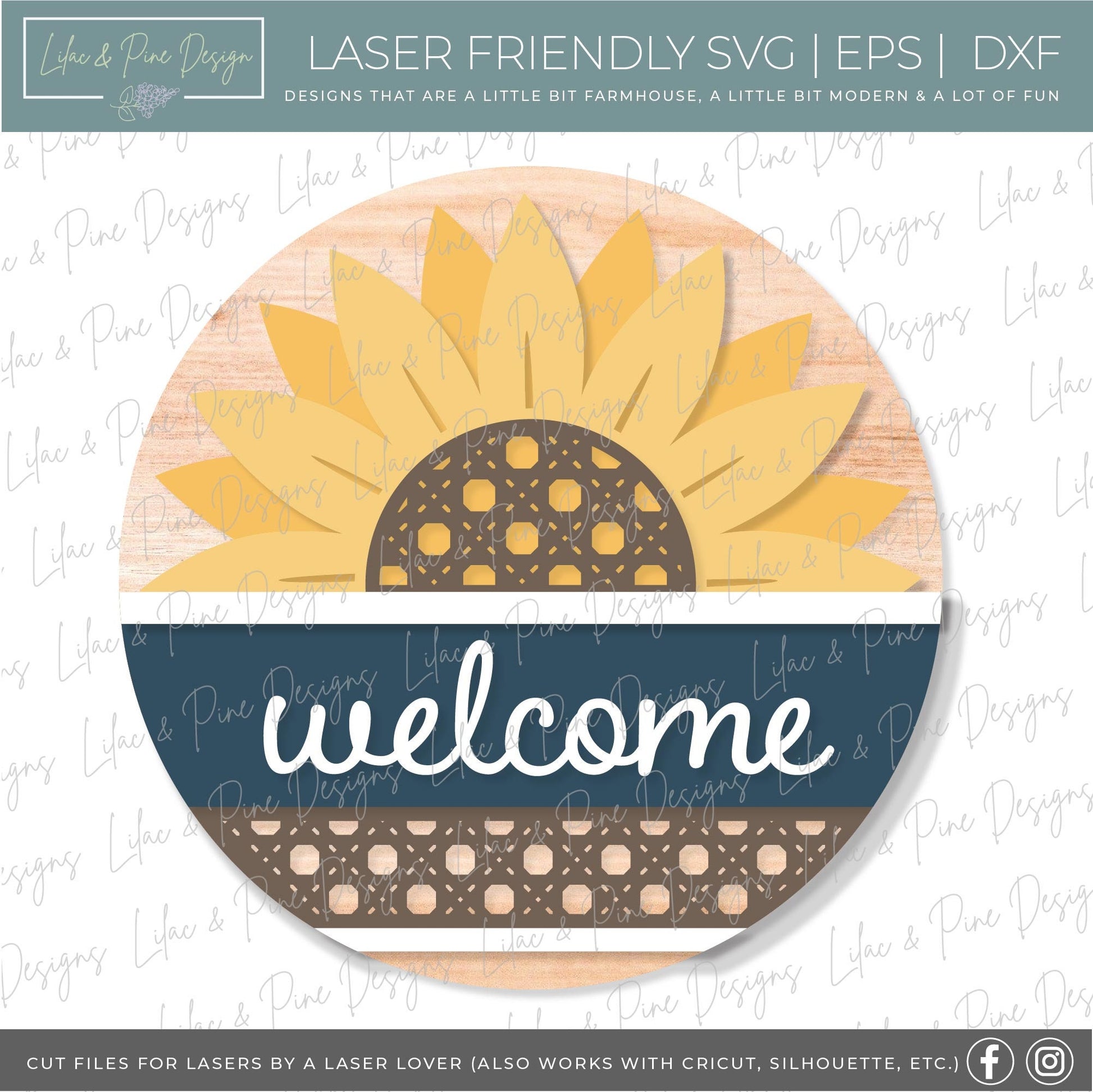 Sunflower door hanger SVG, Sunflower welcome sign SVG, Rattan door hanger, Summer decor, Fall decor, round wood sign, Glowforge laser SVG