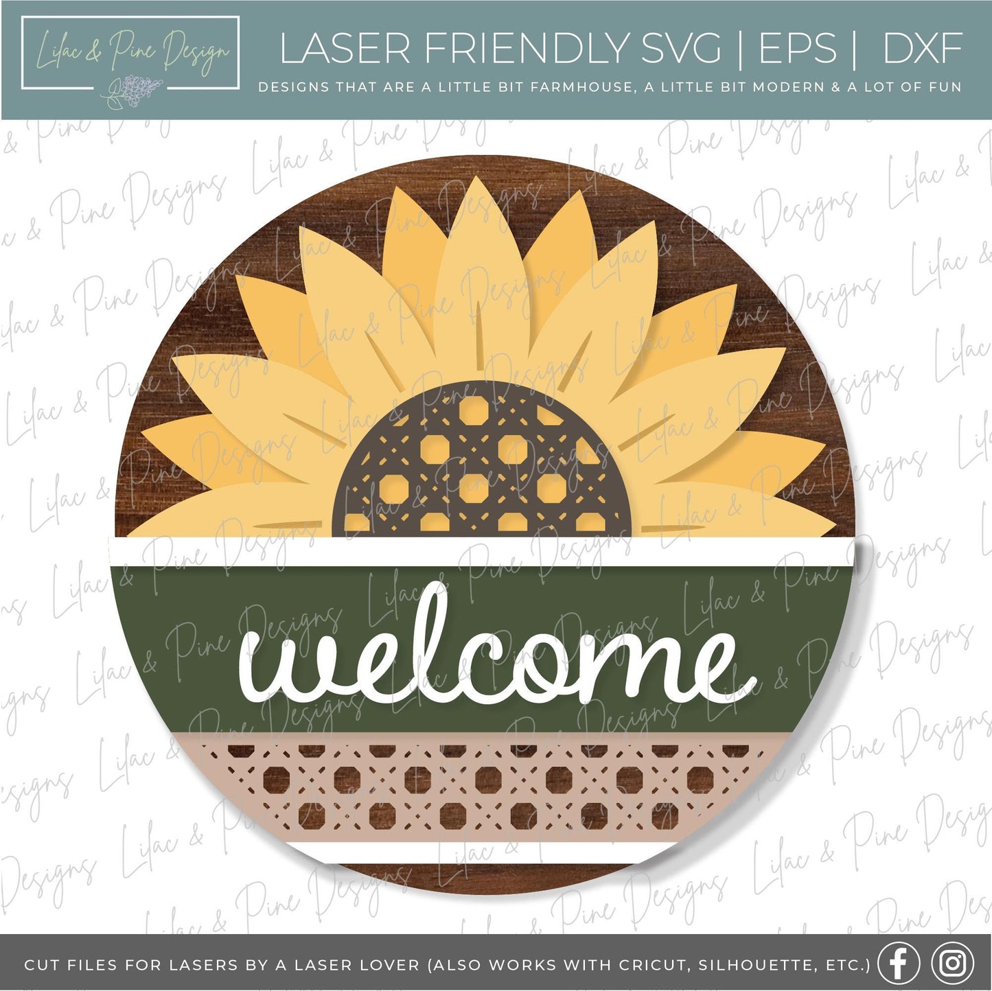 Sunflower door hanger SVG, Sunflower welcome sign SVG, Rattan door hanger, Summer decor, Fall decor, round wood sign, Glowforge laser SVG