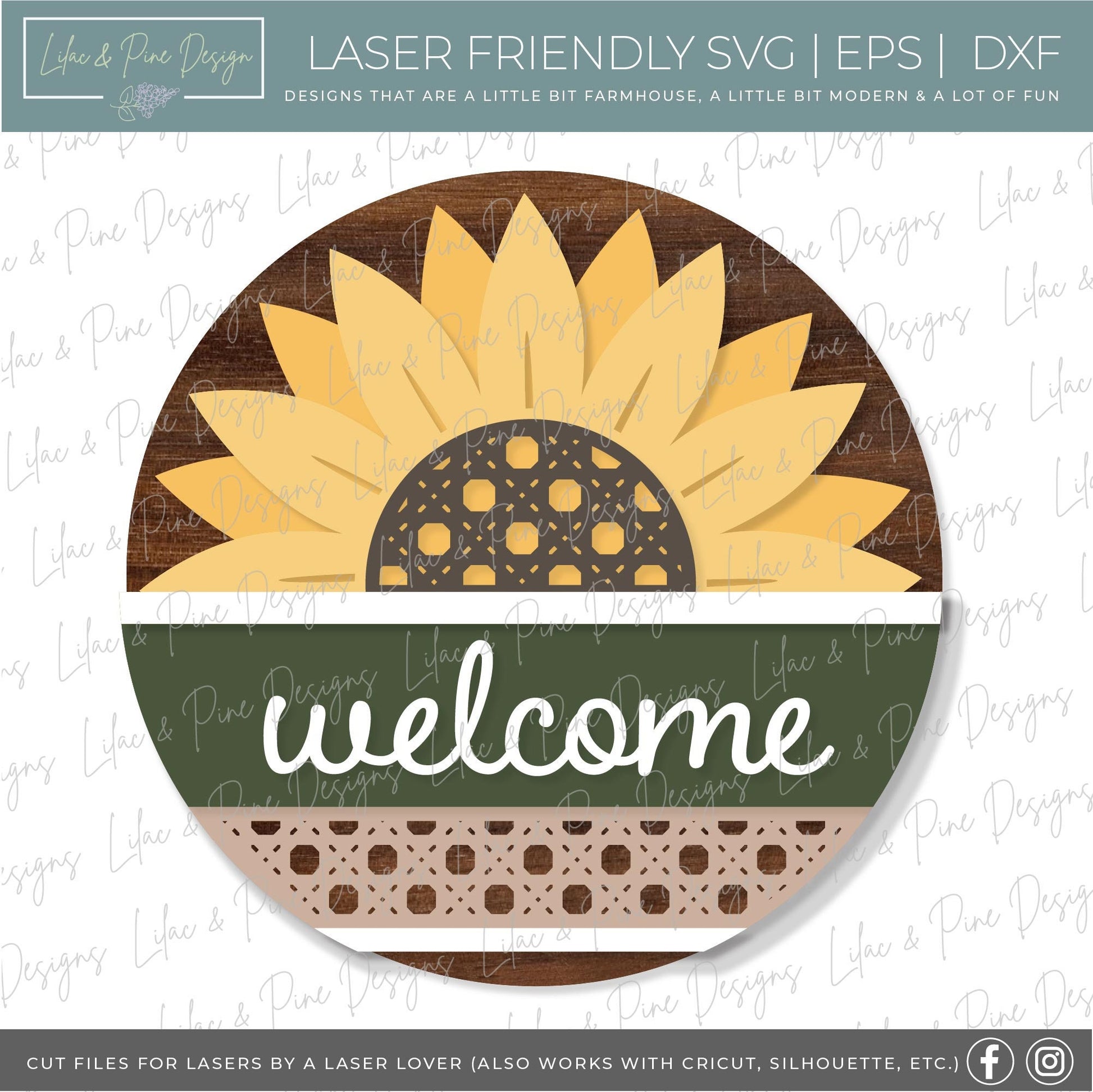 Sunflower door hanger SVG, Sunflower welcome sign SVG, Rattan door hanger, Summer decor, Fall decor, round wood sign, Glowforge laser SVG