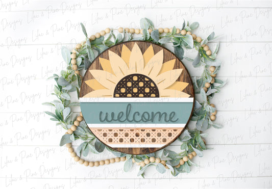Sunflower door hanger SVG, Sunflower welcome sign SVG, Rattan door hanger, Summer decor, Fall decor, round wood sign, Glowforge laser SVG