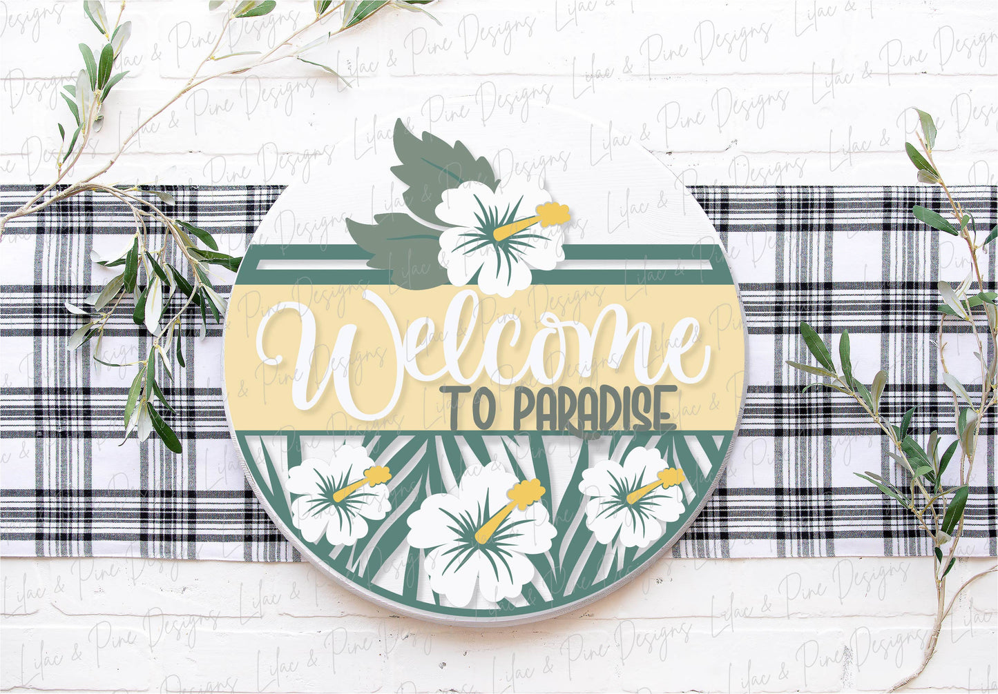 Welcome to Paradise door hanger SVG, Summer welcome sign SVG, tropical flower svg, Summer decor, Hibiscus svg, Glowforge Svg, laser cut file