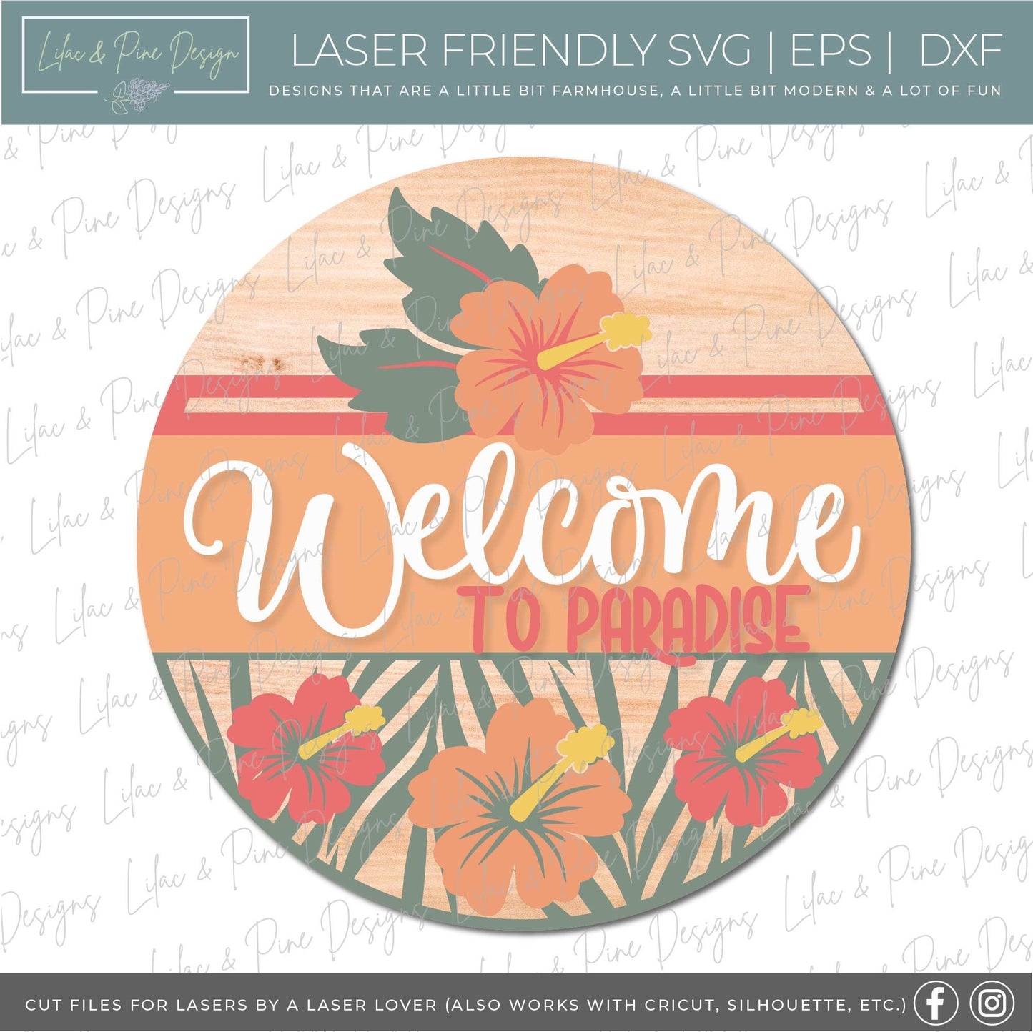 Welcome to Paradise door hanger SVG, Summer welcome sign SVG, tropical flower svg, Summer decor, Hibiscus svg, Glowforge Svg, laser cut file