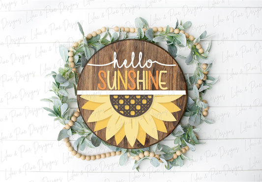 Sun Welcome sign svg, hello sunshine SVG, Summer door hanger, Sunshine porch sign SVG, summer decor, round wood sign, Glowforge laser SVG