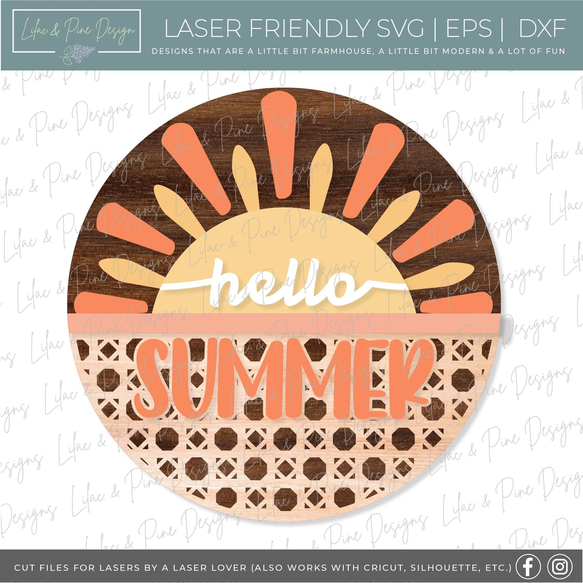 Sun Welcome sign svg, hello summer SVG, Summer door hanger, Sunshine porch sign SVG, summer decor, round wood sign, Glowforge laser SVG