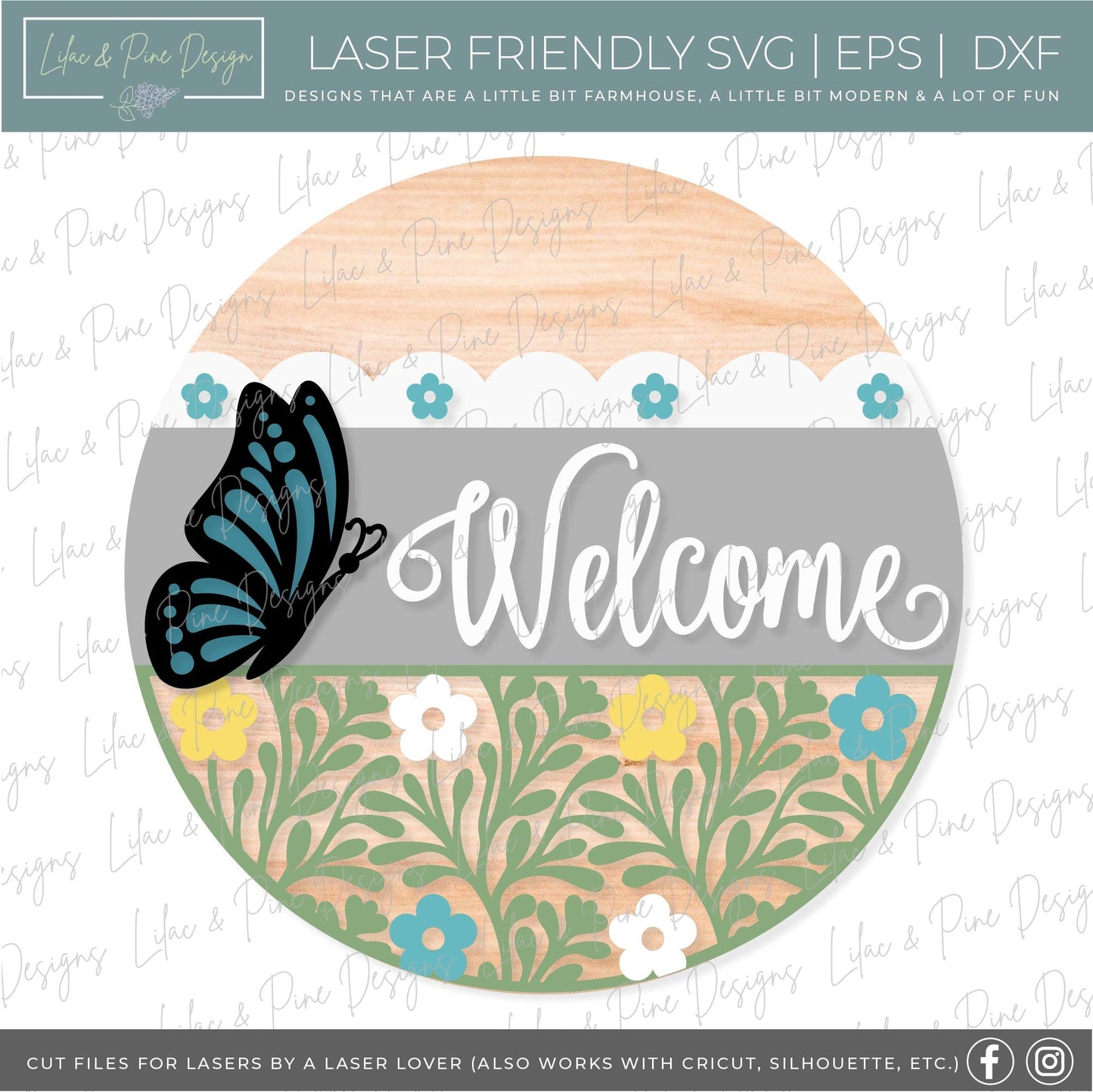 Butterfly Welcome sign svg, Floral door hanger SVG, monarch porch sign SVG, summer decor, round wood sign, Glowforge SVG, laser cut file