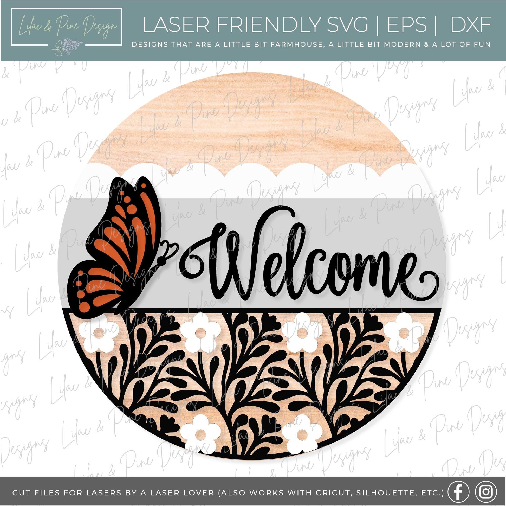 Butterfly Welcome sign svg, Floral door hanger SVG, monarch porch sign SVG, summer decor, round wood sign, Glowforge SVG, laser cut file
