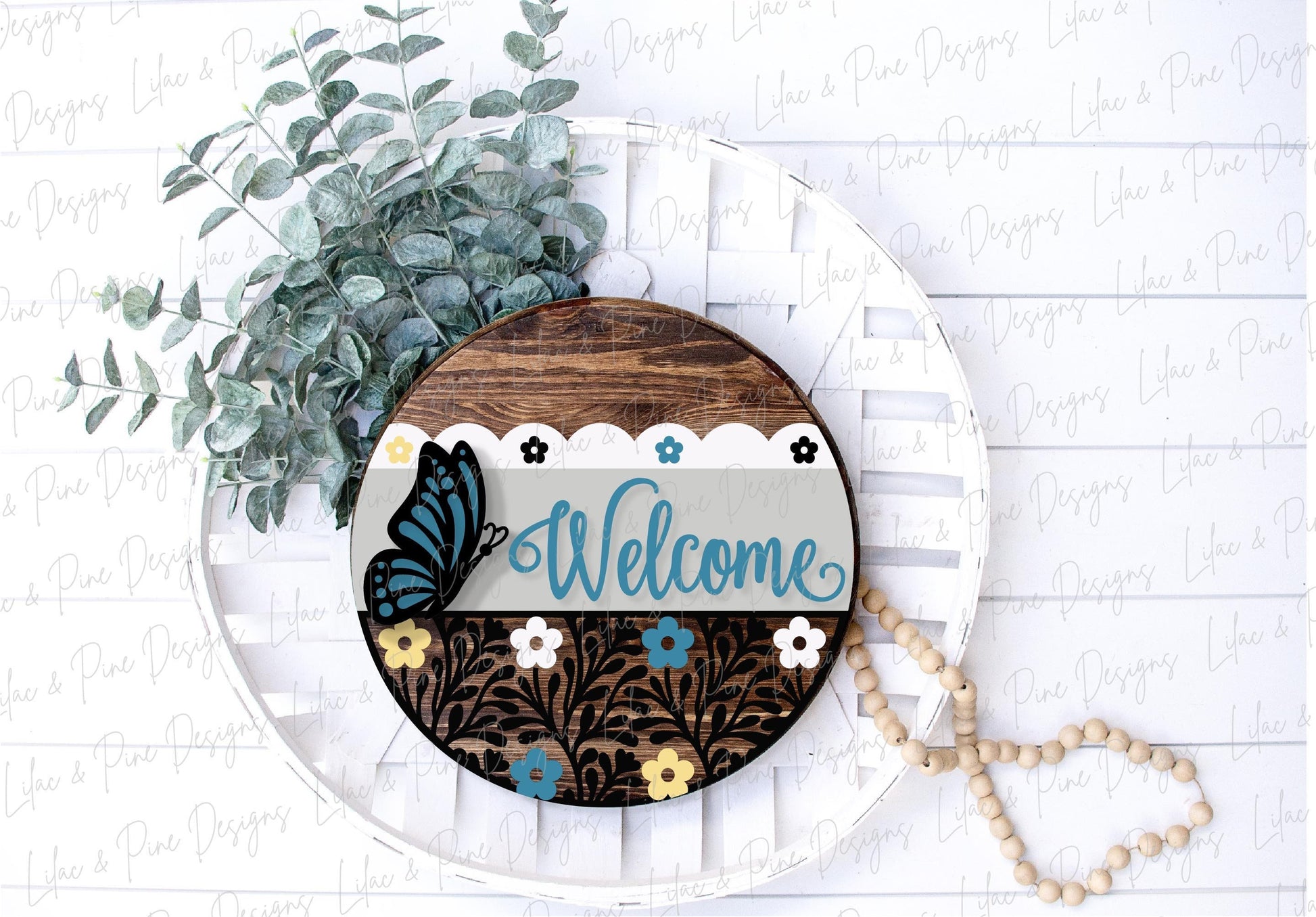 Butterfly Welcome sign svg, Floral door hanger SVG, monarch porch sign SVG, summer decor, round wood sign, Glowforge SVG, laser cut file