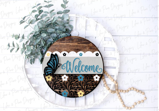 Butterfly Welcome sign svg, Floral door hanger SVG, monarch porch sign SVG, summer decor, round wood sign, Glowforge SVG, laser cut file