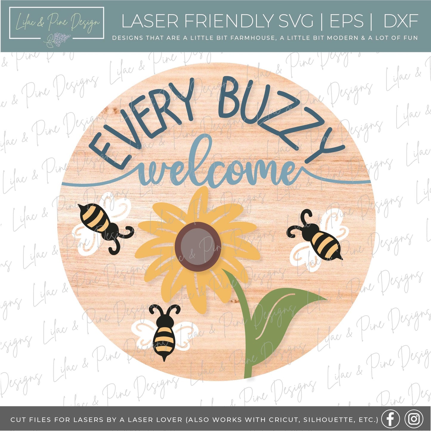 Bee Welcome sign svg, Sunflower door hanger SVG, bee porch sign SVG, summer decor, sunflower round wood sign, Glowforge SVG, laser cut file