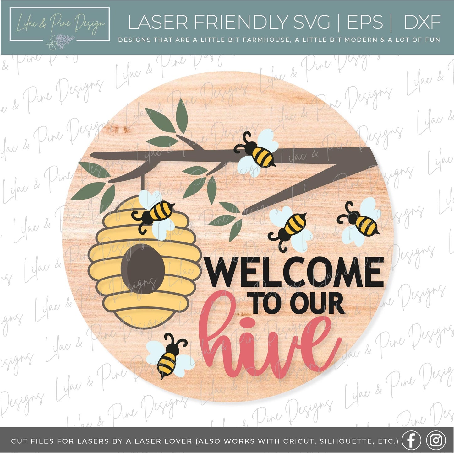 Bee Welcome sign svg, Bee Hive door hanger SVG, bee porch sign SVG, Welcome to our Hive round wood sign, Glowforge SVG, laser cut file