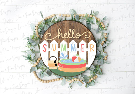 Hello Summer sign SVG, Summer Welcome sign svg, Pool door hanger svg, Summer porch sign SVG, round wood sign, Glowforge SVG, laser cut file