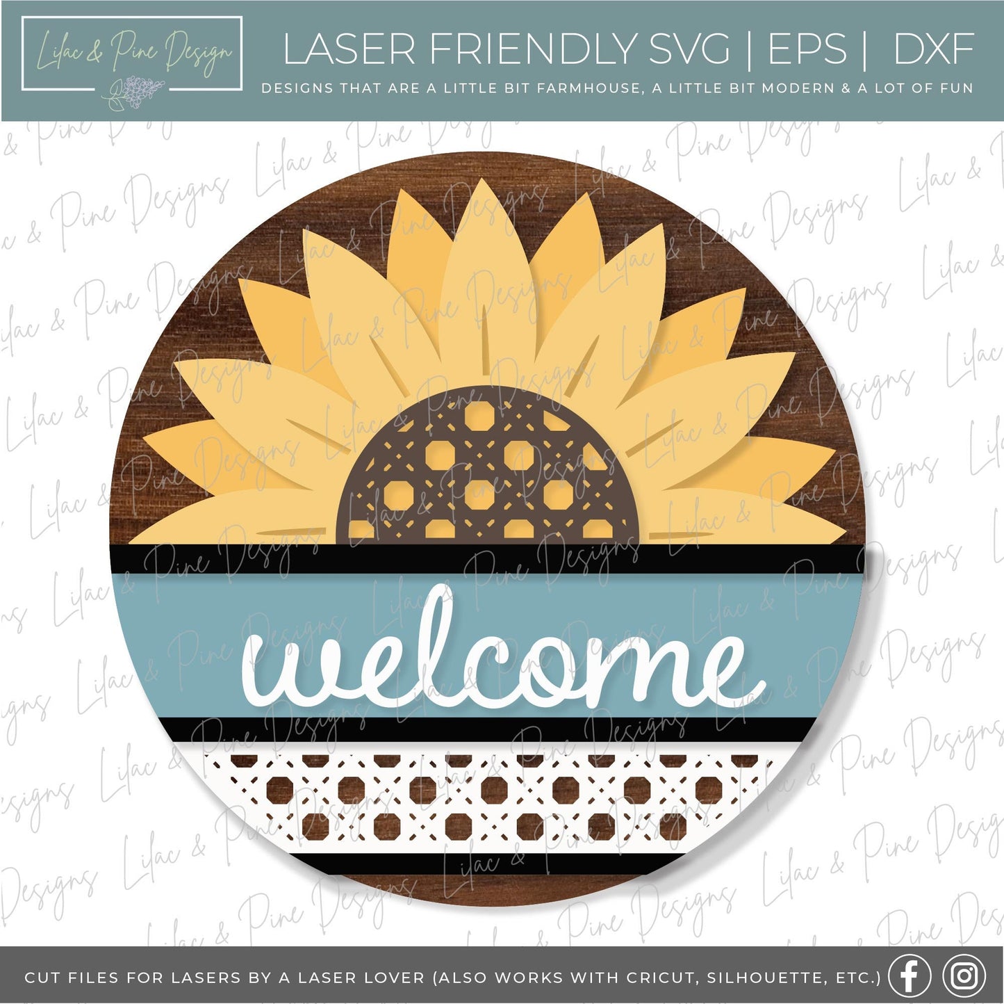 Sunflower door hanger SVG, Sunflower welcome sign SVG, Rattan door hanger, Summer decor, Fall decor, round wood sign, Glowforge laser SVG