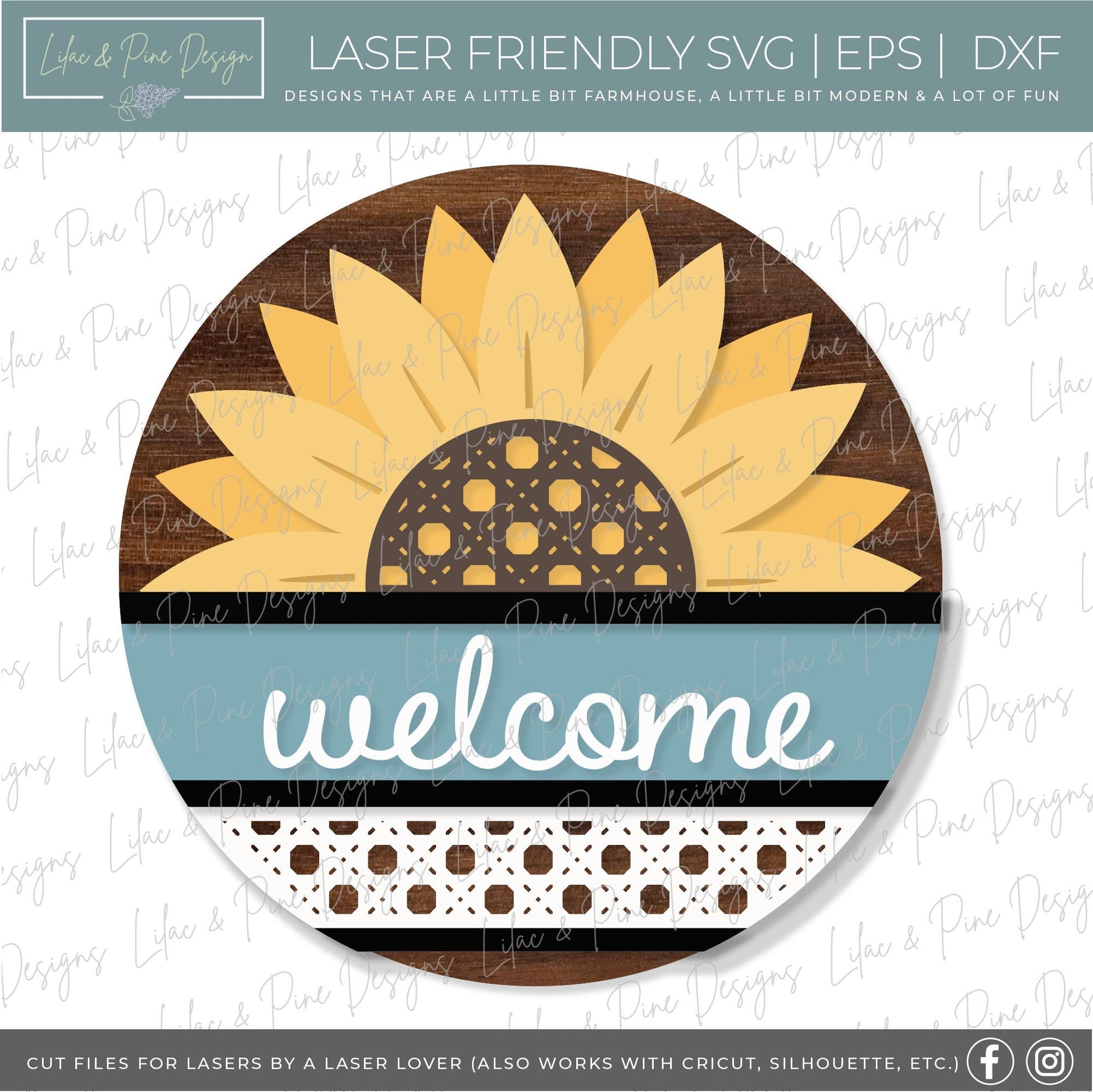 Sunflower door hanger SVG, Sunflower welcome sign SVG, Rattan door hanger, Summer decor, Fall decor, round wood sign, Glowforge laser SVG