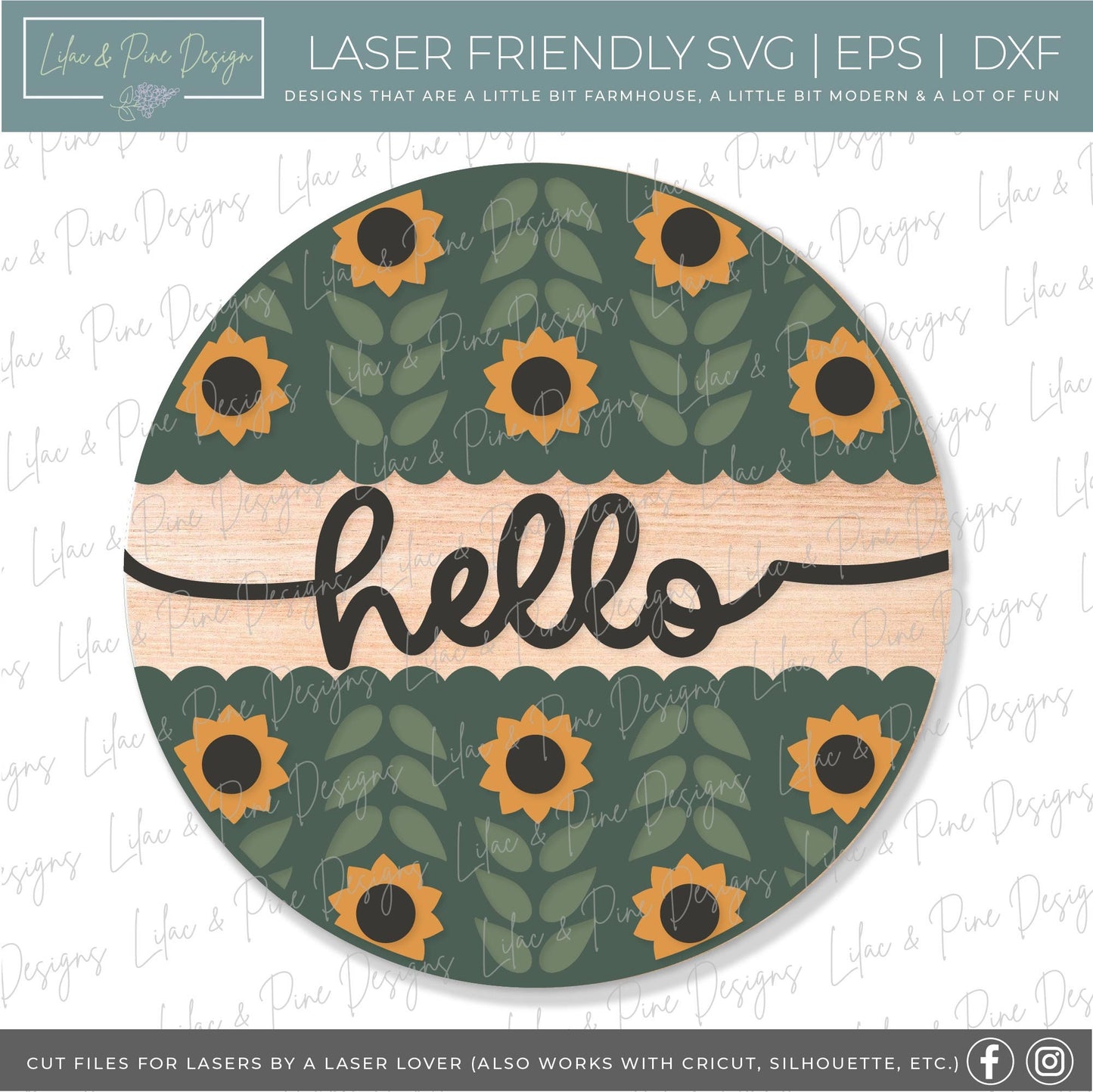 Hello Sunflower door hanger SVG, Sunflower welcome sign SVG, Sunflower round wood sign, fall porch decor, folk art svg, Glowforge laser SVG