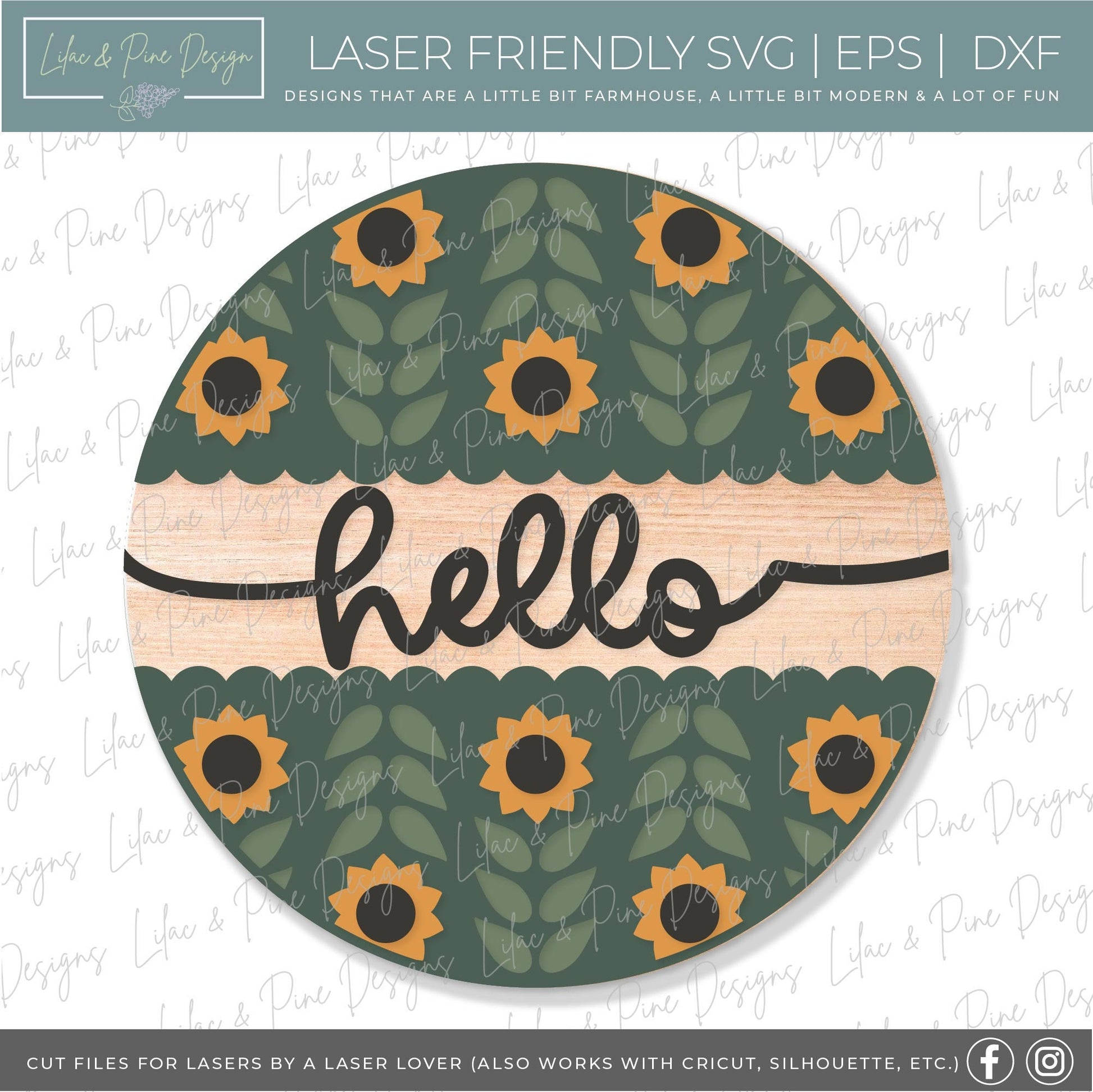 Hello Sunflower door hanger SVG, Sunflower welcome sign SVG, Sunflower round wood sign, fall porch decor, folk art svg, Glowforge laser SVG