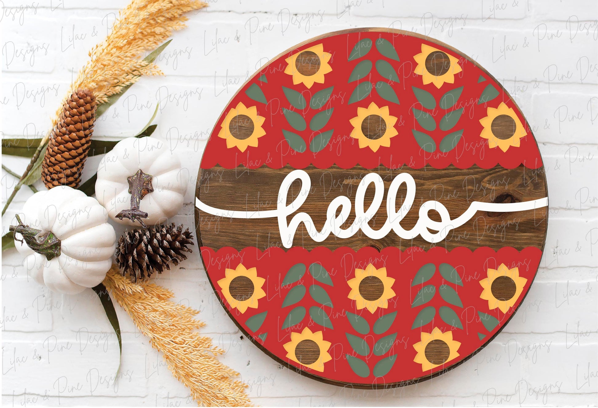 Hello Sunflower door hanger SVG, Sunflower welcome sign SVG, Sunflower round wood sign, fall porch decor, folk art svg, Glowforge laser SVG