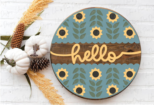 Hello Sunflower door hanger SVG, Sunflower welcome sign SVG, Sunflower round wood sign, fall porch decor, folk art svg, Glowforge laser SVG