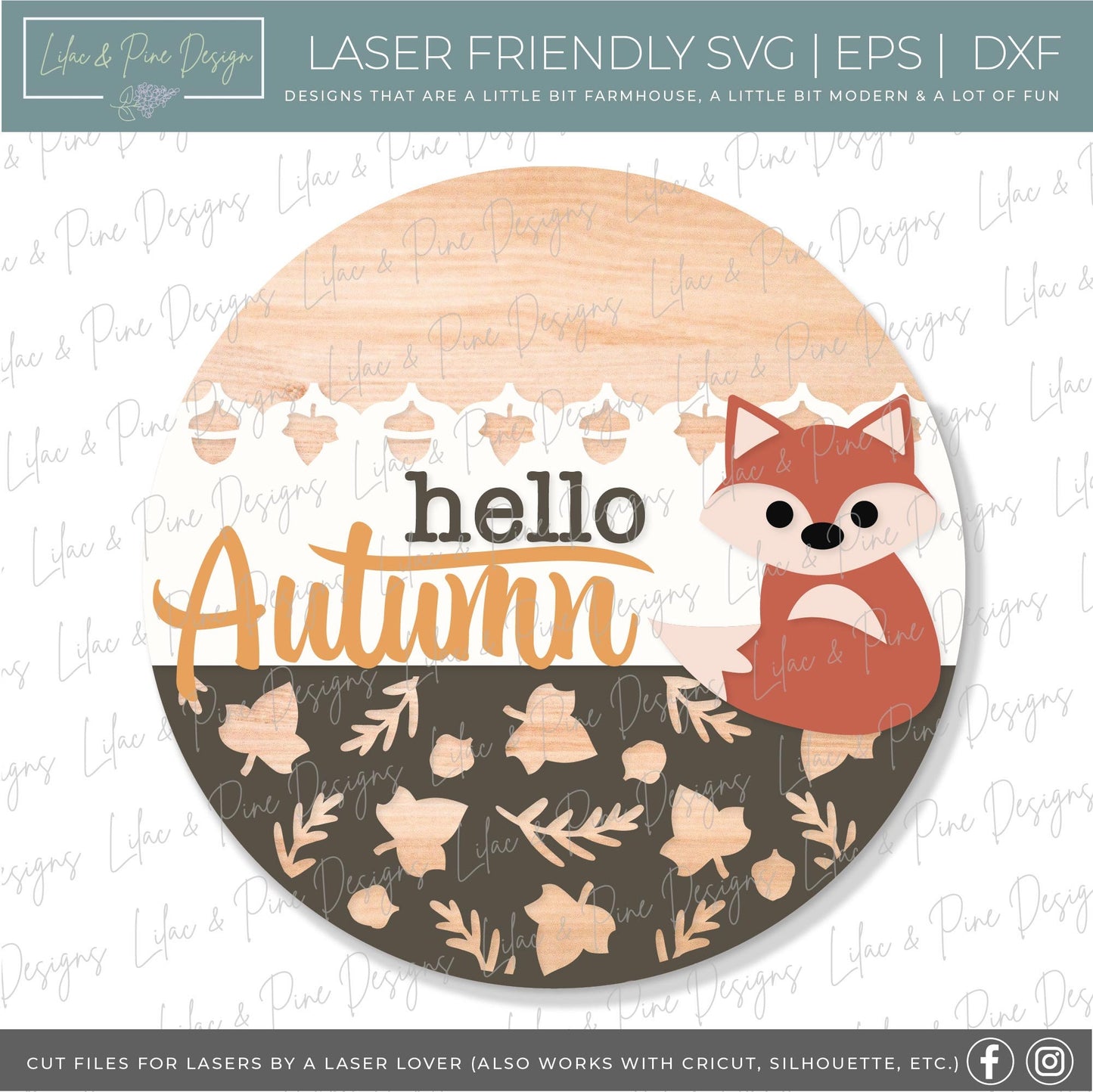 Hello Autumn door hanger SVG, Fall welcome sign SVG, Woodland fox door hanger, Fall porch decor, Fall round wood sign, Glowforge laser SVG